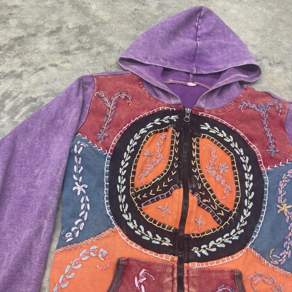 Vintage Kathmandu Imports Peace Patchwork Zip Up Hoodie Jacket Multicolor Hippie - Picture 2 of 7